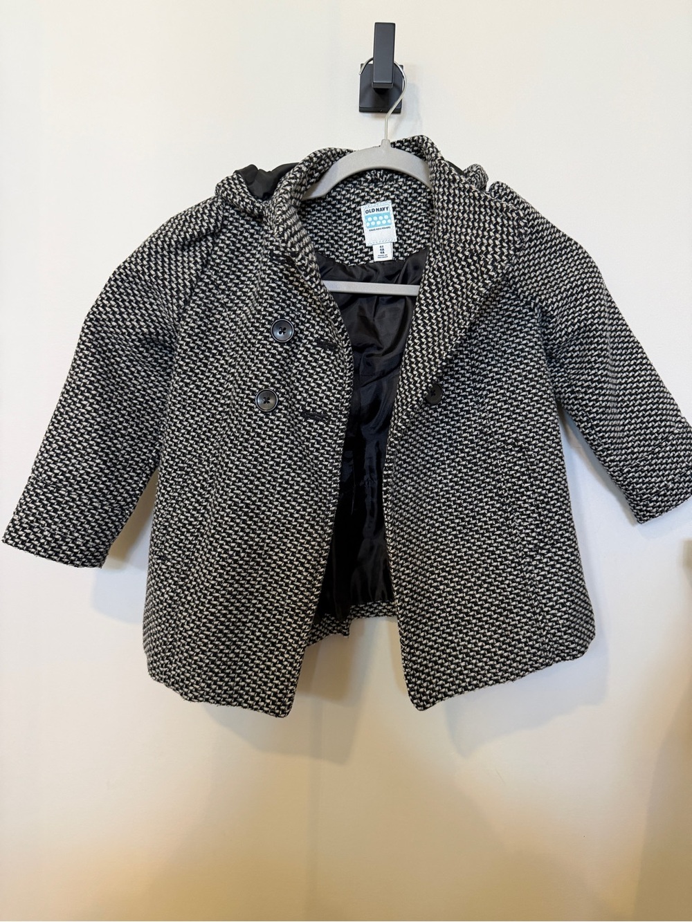 Old Navy Black & White Hooded Tweed Pea Coat for Kids - Size 4T